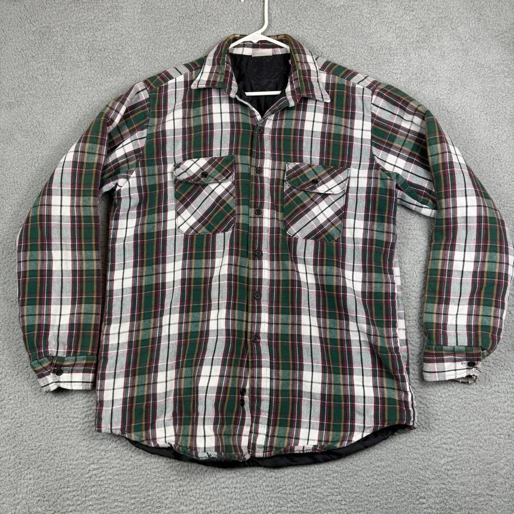 Field & Stream Mens M Plaid Quilted‎ Lined Flannel Shirt Jacket Green Burgundy
